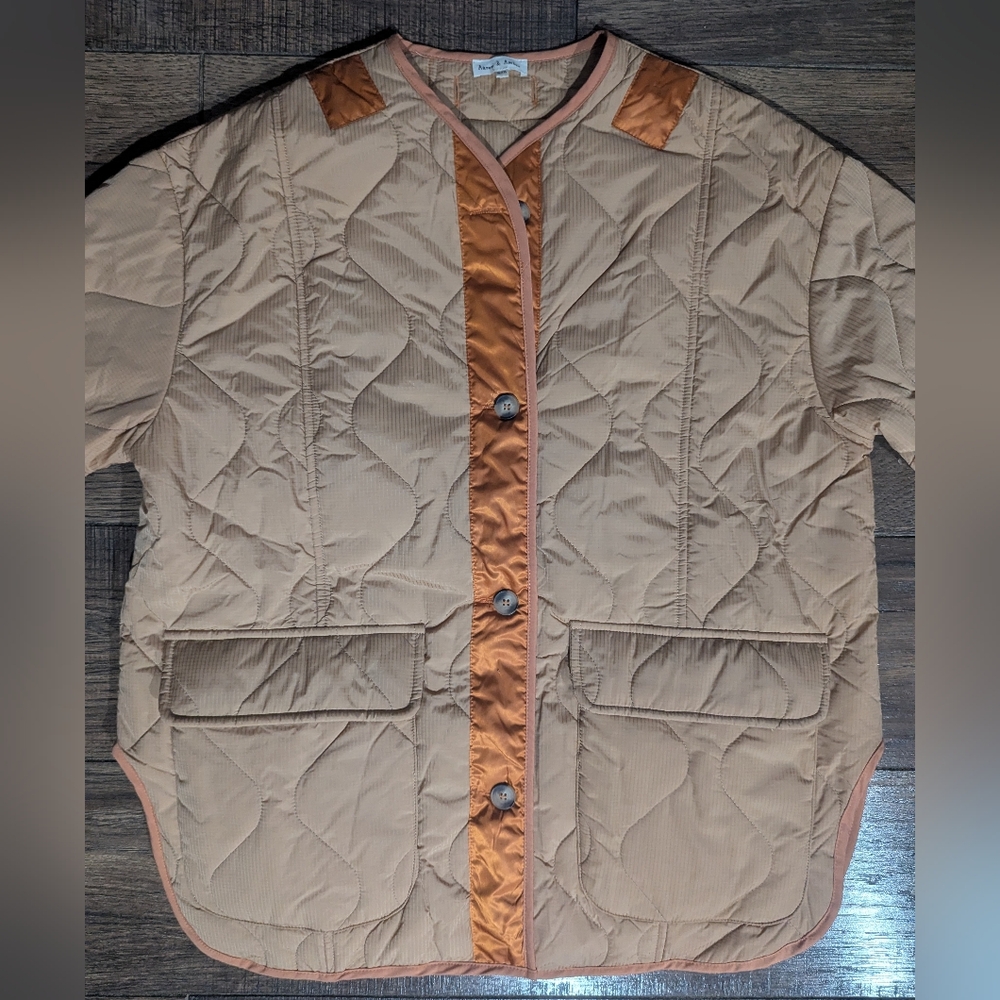 Aaron & Amber Women's Tan Quilted Puffer Jacket Orange Accents Size S/M Pockets
